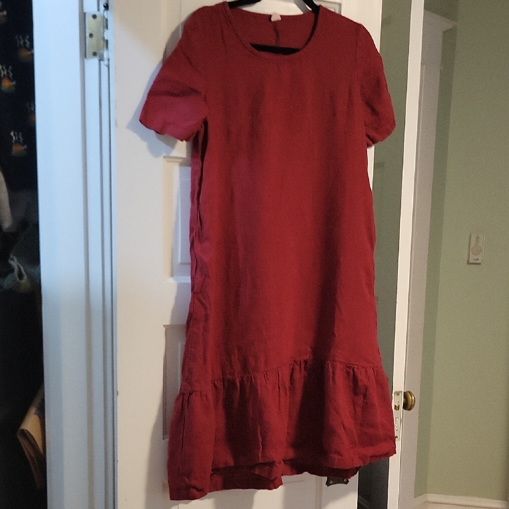 Linenbee Burgundy Juliana Drop Waist Tiered Linen Dress - S View 5